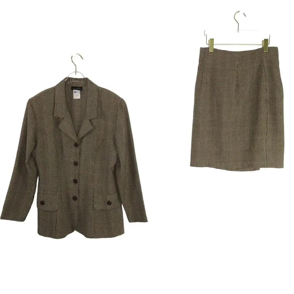 Vintage La Belle Brown Houndstooth Skirt Suit Size 14 Large Retro Corpcore